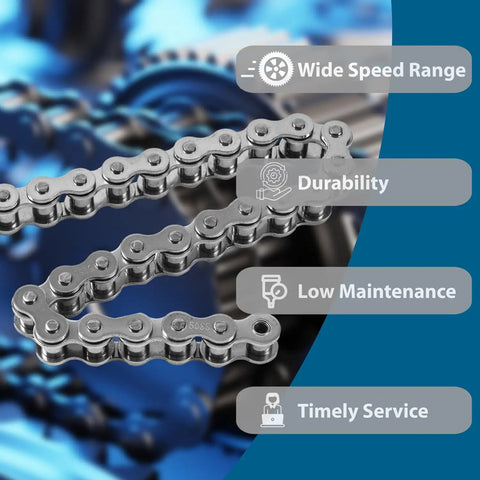 Close-up of Size 50 Stainless Steel Roller Chain 10 Feet Long With Two Master Links for gate operators, showcasing durability and features.