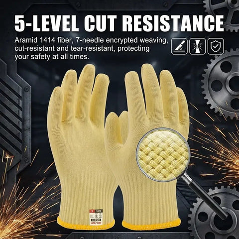 Aramid Cut Resistant Gloves With Heat Protection Up To 550F, thick knit gripping design shown in yellow with ANSI Level 5 safety