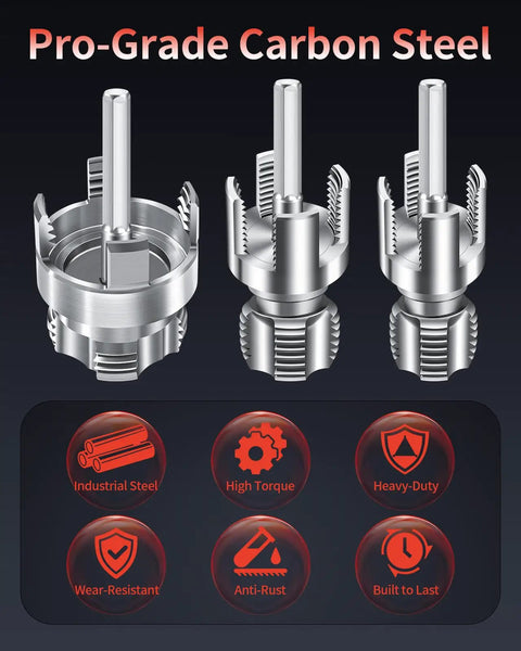 Pro-grade carbon steel components of 4 In 1 PVC Pipe Threader Kit For Drill With Internal And External Threading And Reaming Fits One Half Three Quarters One Inch PVC PP PE Pipes To Create NPT Threads For Leak Free Water Fittings Heavy Duty Plastic Tool 3 Piece Set.