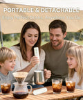 Top Shelf Rechargeable Two Speed Milk Frother With Dual Spring Stainless Whisk, Handheld Cordless Mixer For Silky Latte Foam, Matcha Drinks, And Protein Shakes, No Sweat Daily Kitchen Must Have in use outdoors with family