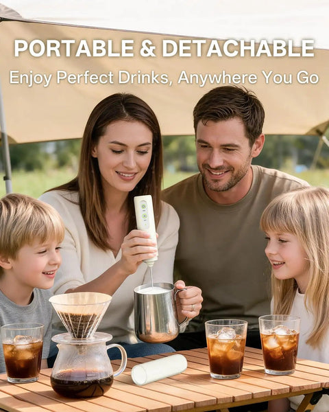 Top Shelf Rechargeable Two Speed Milk Frother With Dual Spring Stainless Whisk, Handheld Cordless Mixer For Silky Latte Foam, Matcha Drinks, And Protein Shakes, No Sweat Daily Kitchen Must Have in use outdoors with family