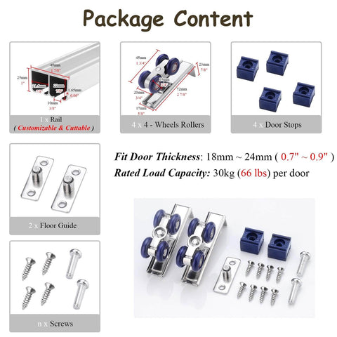 Package content of Double Barn Door Hardware Set For Room Divider And Pocket Door, sliding rail, rollers, stoppers, floor guide, screws