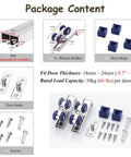 Package contents of Double Track Bypass Barn Door Hardware Kit including rails, 4-wheel rollers, door stops, screws, and floor guides.