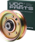 Heavy Duty Idler Pulley Replacement Built Rock Solid For Slick Bearing Spin And Grind Ready Performance Straight Drop In Fix Compatible With Craftsman Lawn Riders And Yard Tractors Oem Part 173437 close-up image showing pulley and packaging.