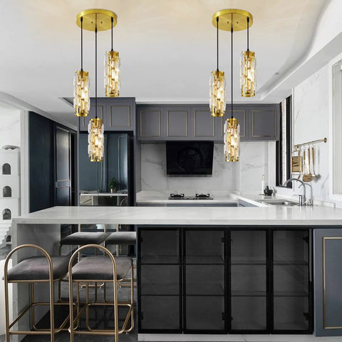 Modern kitchen featuring Three Light Crystal Pendant Light Fixture With Bulbs Included Brushed Brass Island Pendant For Kitchen 60-Inch Adjustable Cord