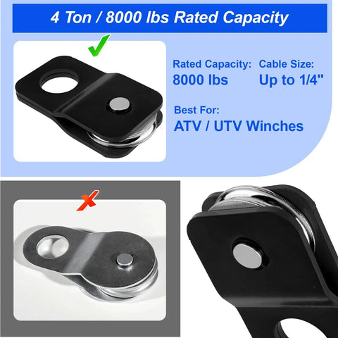 Kick Some Tail Heavy Duty Winch Snatch Block Doubles Your Rig Pulling Strength For Atv And Utv Off Road Recovery Fits 1/4 To 5/8 Cable close-up of black steel pulley with 8000 lbs capacity.