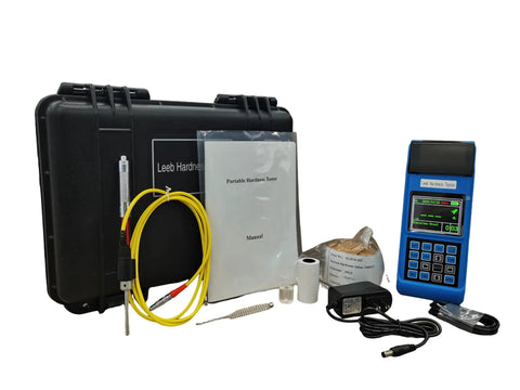 Super Handy Portable Handheld Metal Hardness Tester With Industrial DL Probe For Rebound Testing On Forged Steel and Other Metals At Any Angle Featuring Large Color Screen Display And Direct Print Function, complete with case and accessories.