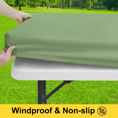 Waterproof Picnic Table Cover With Bench Covers for 6 Ft Rectangular Tables being placed, showing elastic fit and windproof design.