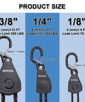 Heavy Duty Kayak Tie Down Straps With S Hook And Safety Clip, One Quarter Inch By Twelve Feet, three size options displayed.