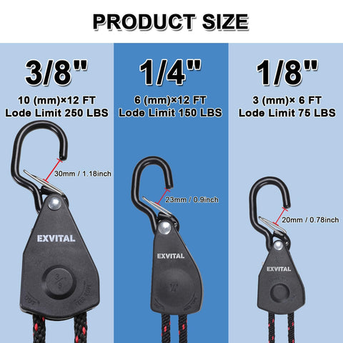 Heavy Duty Kayak Tie Down Straps With S Hook And Safety Clip, One Quarter Inch By Twelve Feet, three size options displayed.