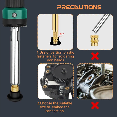 Image showing 8 Pcs Heat Set Insert Tool Tips For Soldering Iron M2 M2.5 M3 M4 M5 M6 M8 Thread Inserts For Plastic And 3D Printing Kit With Adapter, instructions for embedding in plastic.