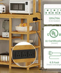 Bakers Rack With Power Outlets And Eight Tier Microwave Stand Bamboo Kitchen Storage Shelf With Ten S Shaped Hooks Coffee Bar Table Station Standing Rack 65 Inches Tall 31.5 By 15.7 Inches showing built-in power outlets with UL certification.