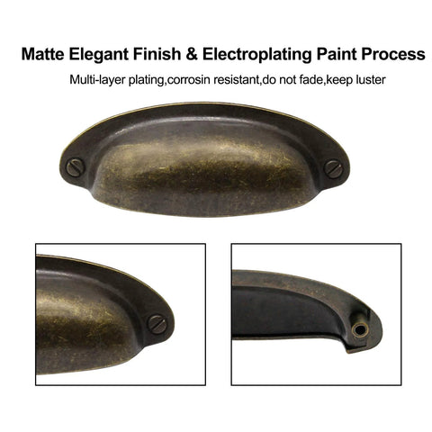 Close-up of vintage farmhouse cup pull handle in flat bronze showing matte finish and detailing.