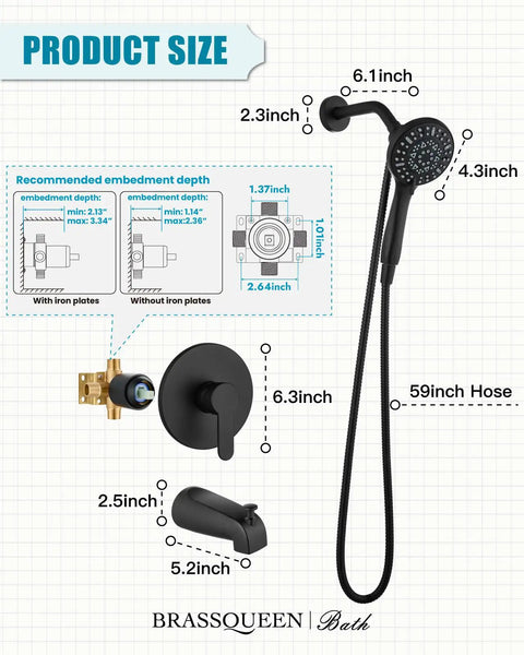 Product size details for Dope Matte Black Tub Shower Faucet Set With Six Water Modes And Magnetic Handheld Valve Kit.