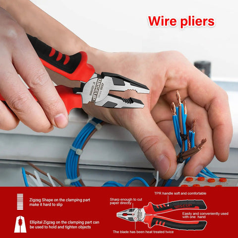 Five Piece Pliers Set In Cr-V Chrome With 8 Inch Lineman Pliers cutting wires in a workshop