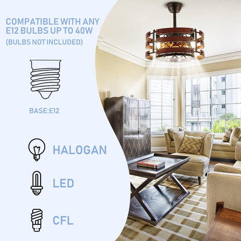 20 Inch Caged Ceiling Fan With Light And Remote in living room, black rustic flush mount, industrial design, showing light and bulb compatibility.
