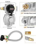 Two Tank RV Propane Regulator Kit With 18 Inch Hoses For RVs Vans And Campers, Dual-Stage Regulator Delivers 210000 BTU Main And 130000 BTU Backup, CSA Certified, Easy Hookup And Safe Camping featuring regulator dimensions and hose connections