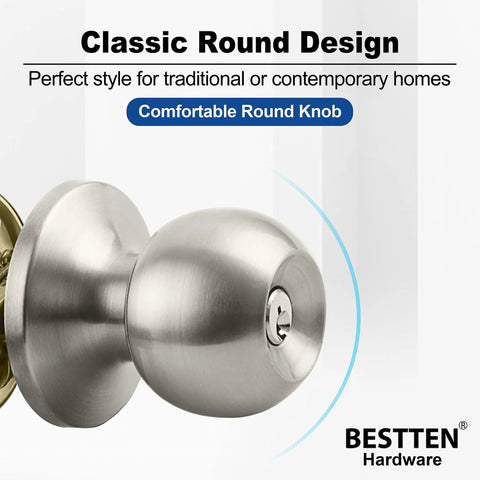 Keyed Entry Door Knob With Lock Satin Nickel Finish All Metal Construction Includes Three Keys Adjustable Backset