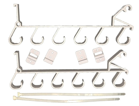 Easy Clip Garage Door Storage Rack With Hooks For Fishing Rods Kayak Paddles And Light Garden Tools Installs In Seconds No Tools Needed Clips To Garage Door Hinge Tubes For Quick No Fuss Organization, showing rack components and hooks.