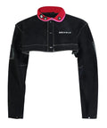 Kick Butt Split Cowhide Leather Welding Cape Sleeve Short Jacket for Tough Welders, cropped design with red collar, ideal for spark protection.