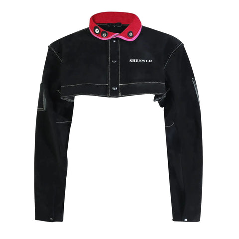 Kick Butt Split Cowhide Leather Welding Cape Sleeve Short Jacket for Tough Welders, cropped design with red collar, ideal for spark protection.