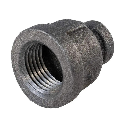Built Tough Malleable Iron Reducing Coupling Threaded Pipe Fitting Connector 6X4 Inch heavy gauge steel plumbing supply close-up view.