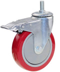 Side view of 5-inch red polyurethane caster wheel with metal brake and threaded M12-1.75 stem