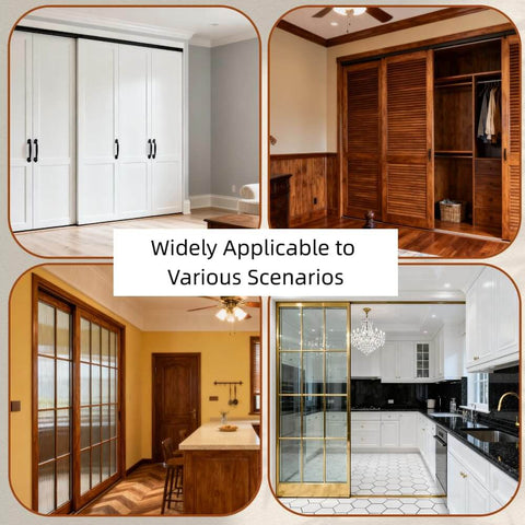 Wide view of various closets and wardrobes with Sliding Door Roller Kit For Top Hung Wardrobe And Closet Doors installed in different scenarios.