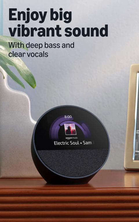 Dope Wireless Smart Alarm Clock With Sleek Build And Thumping Bass Solid For Nightstands Or Kitchens Checks Weather Streams Tracks Manages Connected Devices Glossy Black displaying music with vibrant sound on touchscreen.