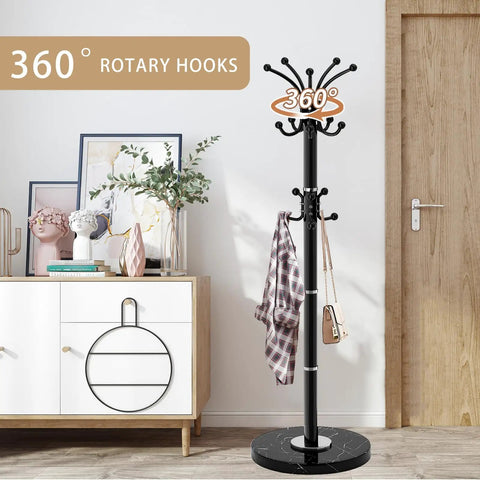 Heavy Duty Metal Coat Rack Stand With Marble Base Freestanding Hall Tree With 360 Degree Rotating Hooks 16 Hook Black Entryway Organizer For Home Or Office in modern room.