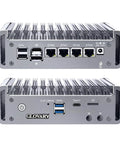Slick Ultra Compact N6005 Mini PC Fanless Firewall Router Built For OPNsense Networks, showing ports and heatsink design.