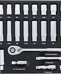 Twenty Eight Piece One Half Inch Drive Socket Tray Set For Pro Grade Standard And Deep SAE Sockets With Seventy Two Tooth Ratchet
