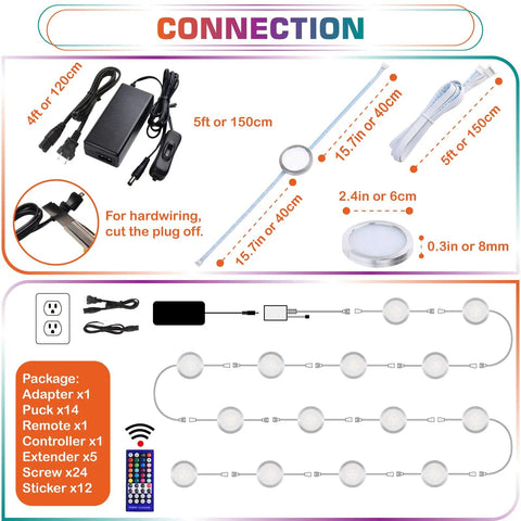 RGBWW Under Cabinet Puck Light Kit with Daisy Chain Link showing cable lengths, remote dimmer, adapter, and plug options