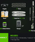 Cordless Pole Saw With 60V Power For Heavy Duty Tree Trimming And Pole Extension 15 Foot Reach 10 Inch Cutting Bar 2.5Ah Battery Easy To Maneuver For Homeowners Seeking Real Power Without Gas shown with accessories like charger and goggles.
