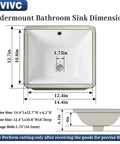 IBVIVIC Undermount Bathroom Sink dimensions diagram, 14.4x12.7 Inch white rectangle porcelain ceramic vessel sink.