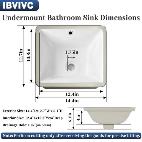 IBVIVIC Undermount Bathroom Sink dimensions diagram, 14.4x12.7 Inch white rectangle porcelain ceramic vessel sink.