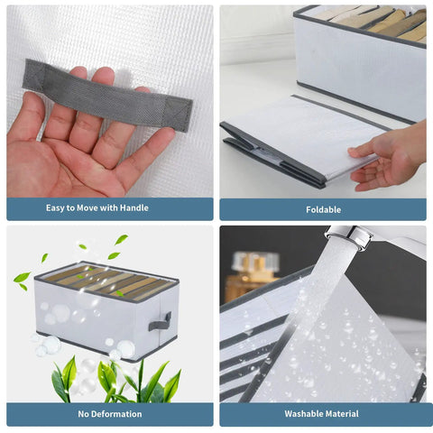 Two Pack Foldable Closet Organizer showing handles, foldability, durability, and washable material
