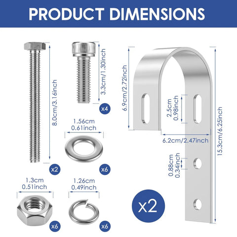 Product dimensions of Heavy Duty Solar Panel Balcony Bracket Kit, including bolts, washers, and stainless steel hooks.