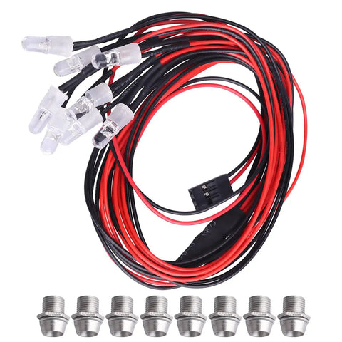 8 LED RC Light Kit With 4 White And 4 Red Lights For Traxxas Slash Rustler Tamiya Arrma Redcat And Other RC Cars Trucks Crawlers Dope Setup Powered By Receiver 5mm LEDs showing wiring and connectors
