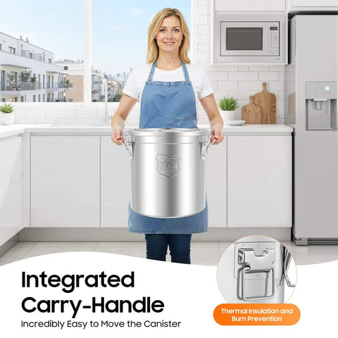 Woman holding Built Like A Tank 304 Stainless Steel Airtight Canister For Kitchen Storage in a modern kitchen.