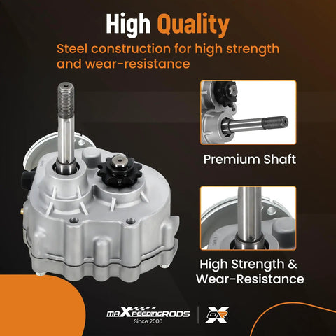 Go Kart Forward Reverse Gearbox Kit For 212cc Engines showing steel construction and premium shaft for high strength
