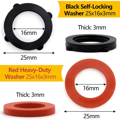 Black and red washers from 160 Piece Hose Bib Washer and Faucet Washer Kit With 14 Sizes Includes Hose Gaskets