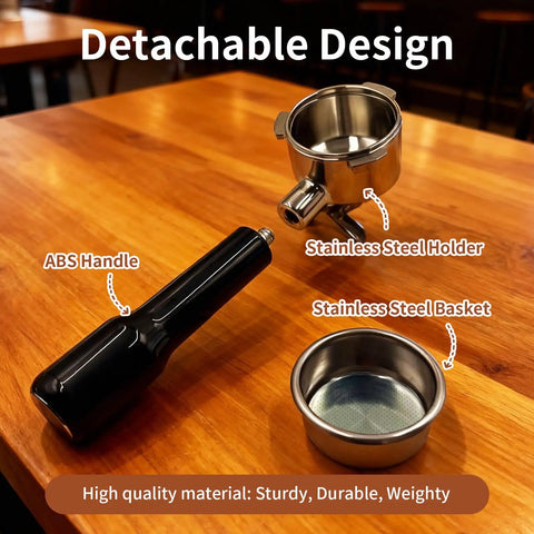 Professional Grade Three Ear Espresso Portafilter With Base And Double Spout Built From Premium Stainless Steel Compatible With Breville Makers showing detachable components including ABS handle and stainless steel parts.