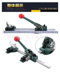 Heavy Duty Manual Strapping Tool That Makes Warehouse Packing No Sweat With Slick Ergonomic Handles And Reliable Belt Tensioning For Quick Box Securing Work, showcasing the green steel frame and red handle.