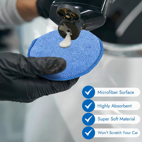 Gloved hand holding 10 Pack Wax Applicator Pads With Finger Pocket, Slick Microfiber Foam Blend Car Wax Applicators, blue pad