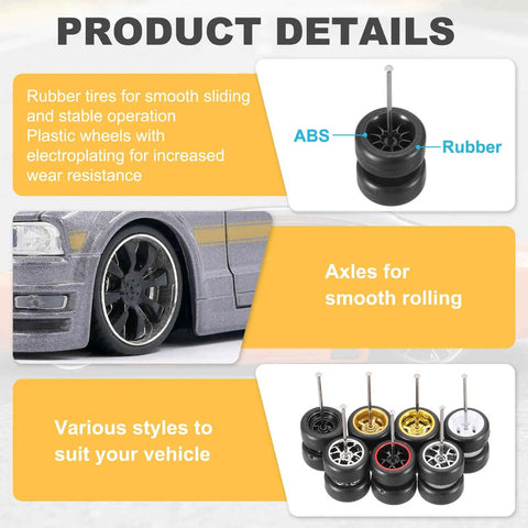 One Sixty Fourth Scale RC Diecast Car Wheels And Tires Set With Real Riders Ten Spoke Black Rims Axles Included product details