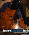 Leather Welding Apron With 6 Pockets, Heat And Flame Resistant Heavy Duty Cowhide Shield, 24 x 42 Inches Full Coverage worn by welder.