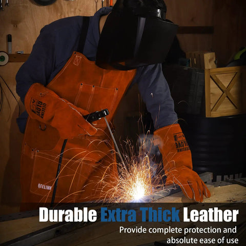 Leather Welding Apron With 6 Pockets, Heat And Flame Resistant Heavy Duty Cowhide Shield, 24 x 42 Inches Full Coverage worn by welder.