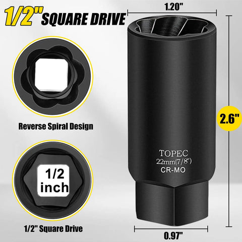 22mm Deep Lug Nut Extractor Socket One Half Inch Drive Beefy Heavy Duty Tool For Seized Bolts with Reverse Spiral Grooves