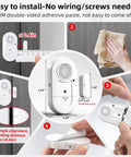 Installation steps for Door Window Alarms 5 Pack 125dB With Volume Control, showing adhesive placement and installation process.